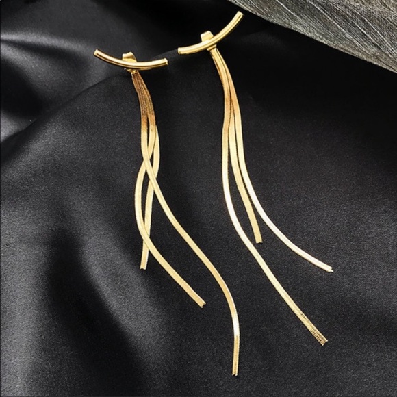 NEW 18K YELLOW GOLD BAR LONG TASSEL EARRINGS - Picture 2 of 9